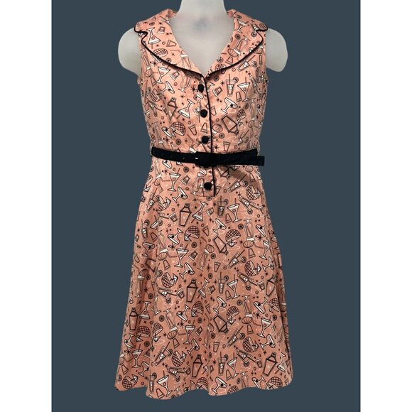 Voodoo Vixen May Belle Pink Cocktail Swing Flare Dress Atomic Pattern Sz Small - Picture 1 of 10